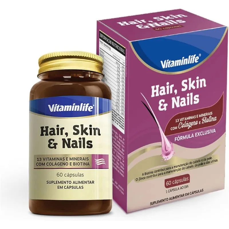 Hair Skin e Nails Colageno + Biotina 60 Cápsulas Vitaminlife