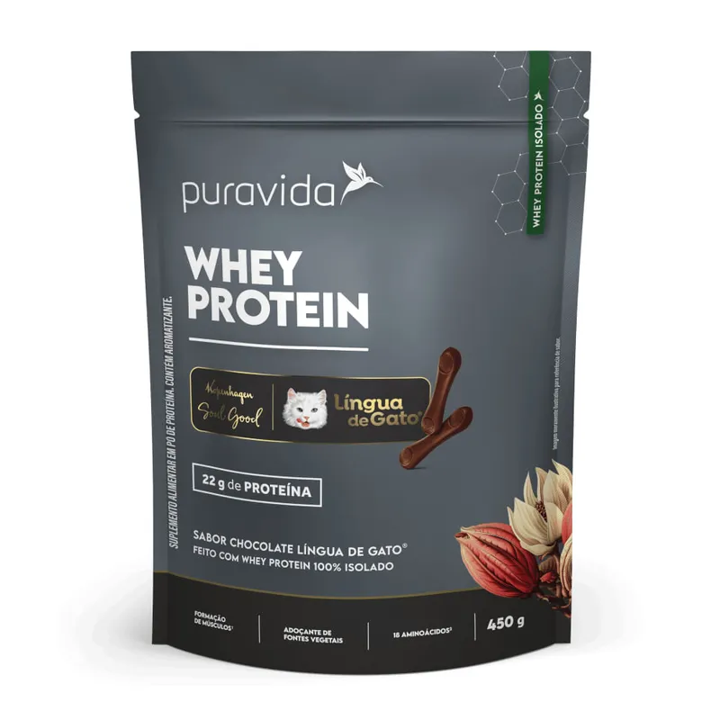 Whey Protein Isolado Chocolate Língua de Gato Puravida 450g